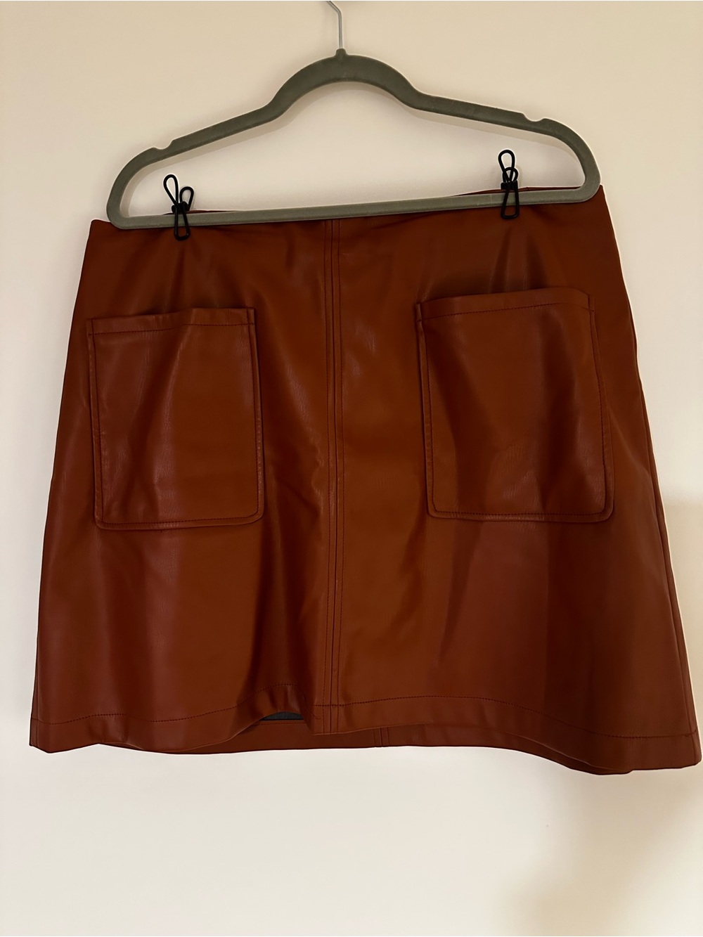 Maeve Rust Brown Faux Leather Mini Skirt with Patch Pockets